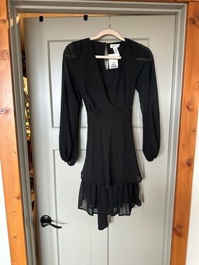 Black Long-Sleeve Ruffle Hem Dress